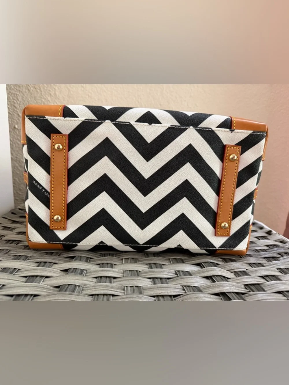 Dooney & Bourke Black & White Chevron Top Handle Satchel - Tan Leather Trim